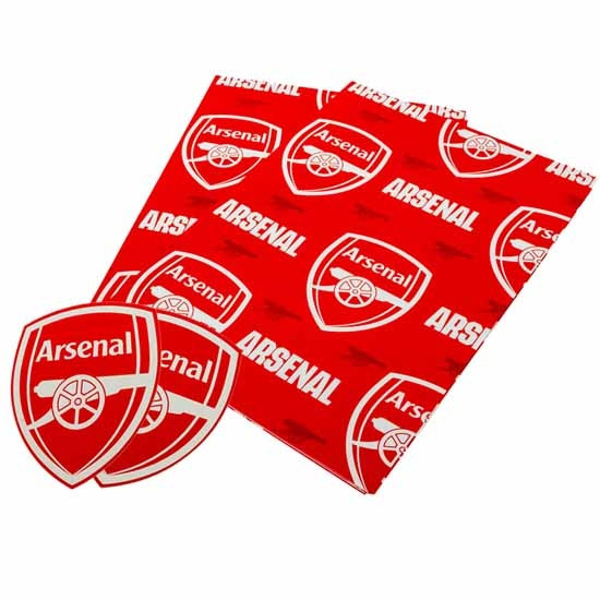 Red and white Arsenal FC themed gift wrap with text