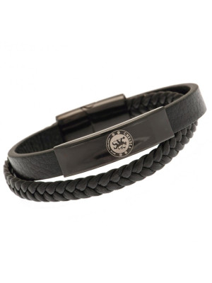 Chelsea FC Black IP Leather Bracelet - Front View