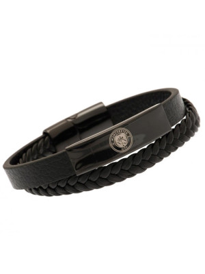 Manchester City FC Black IP Leather Bracelet - Front View